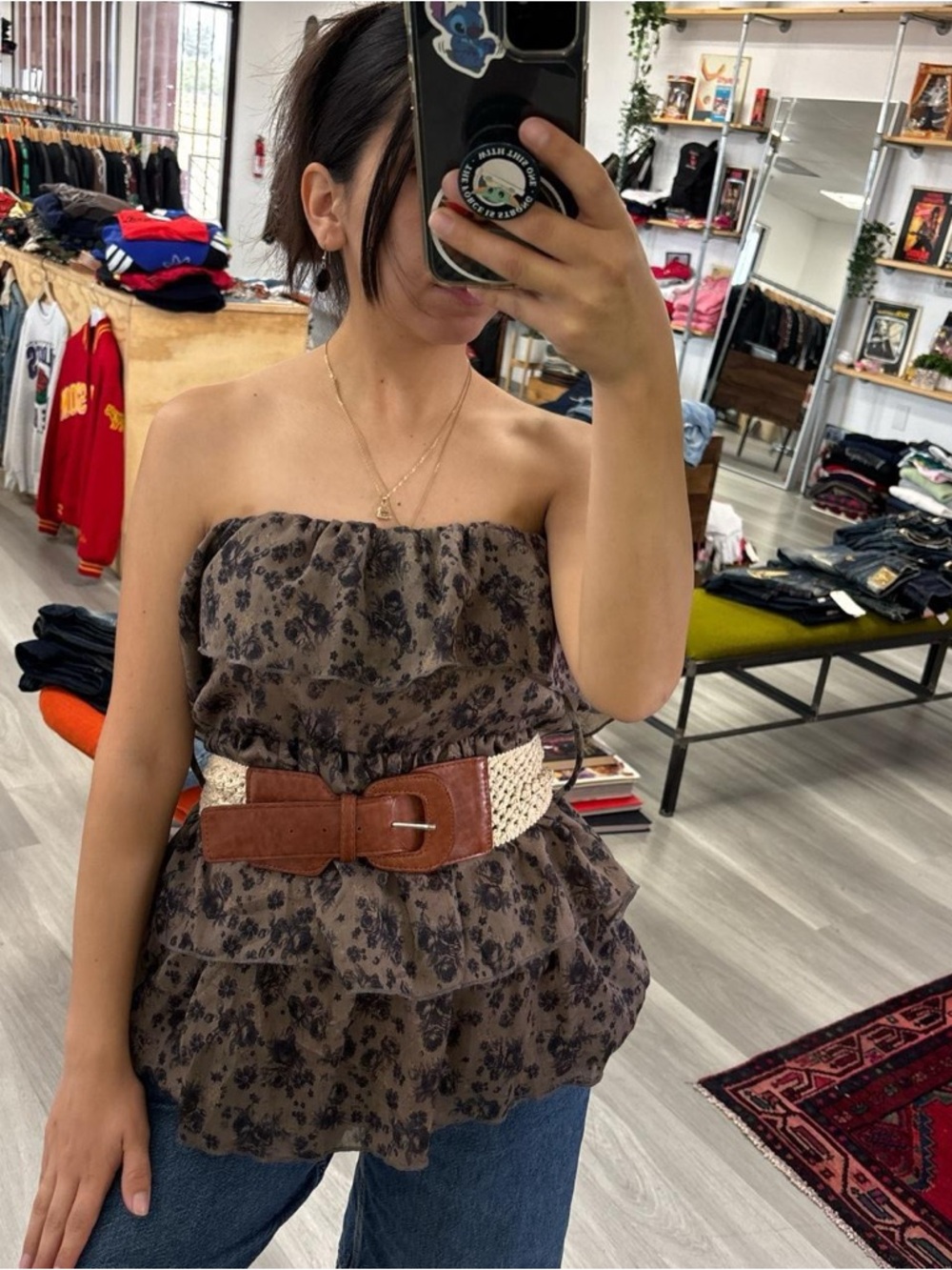 ⭐️Strapless Tiered Brown Floral Top